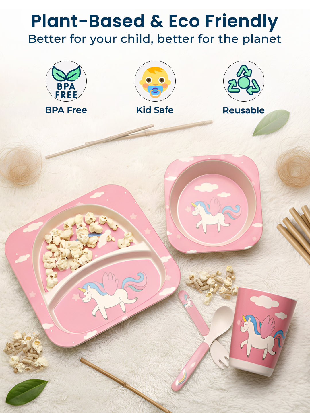 Eco Friendly 5 Pieces Bamboo Fiber Kids Dinner Set (Unicorn)