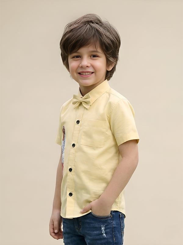Polka Tots Cotton Regular Fit Roarrr Tyre Metallic Print Shirt With Bow Tie - Yellow