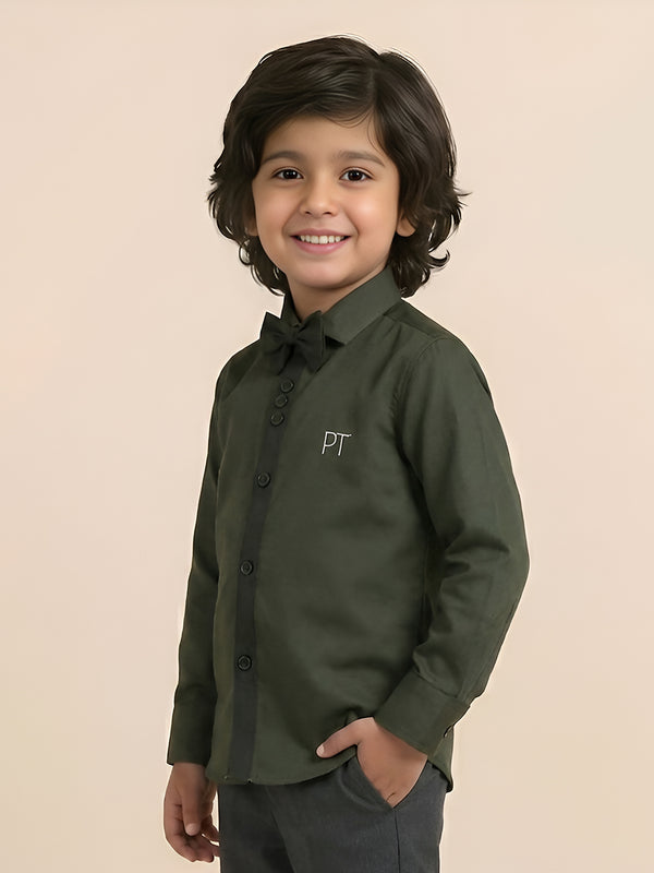 Polka Tots Full Sleeve Party Wear Reverse Collar Placket With Bow Tie Shirt - Green