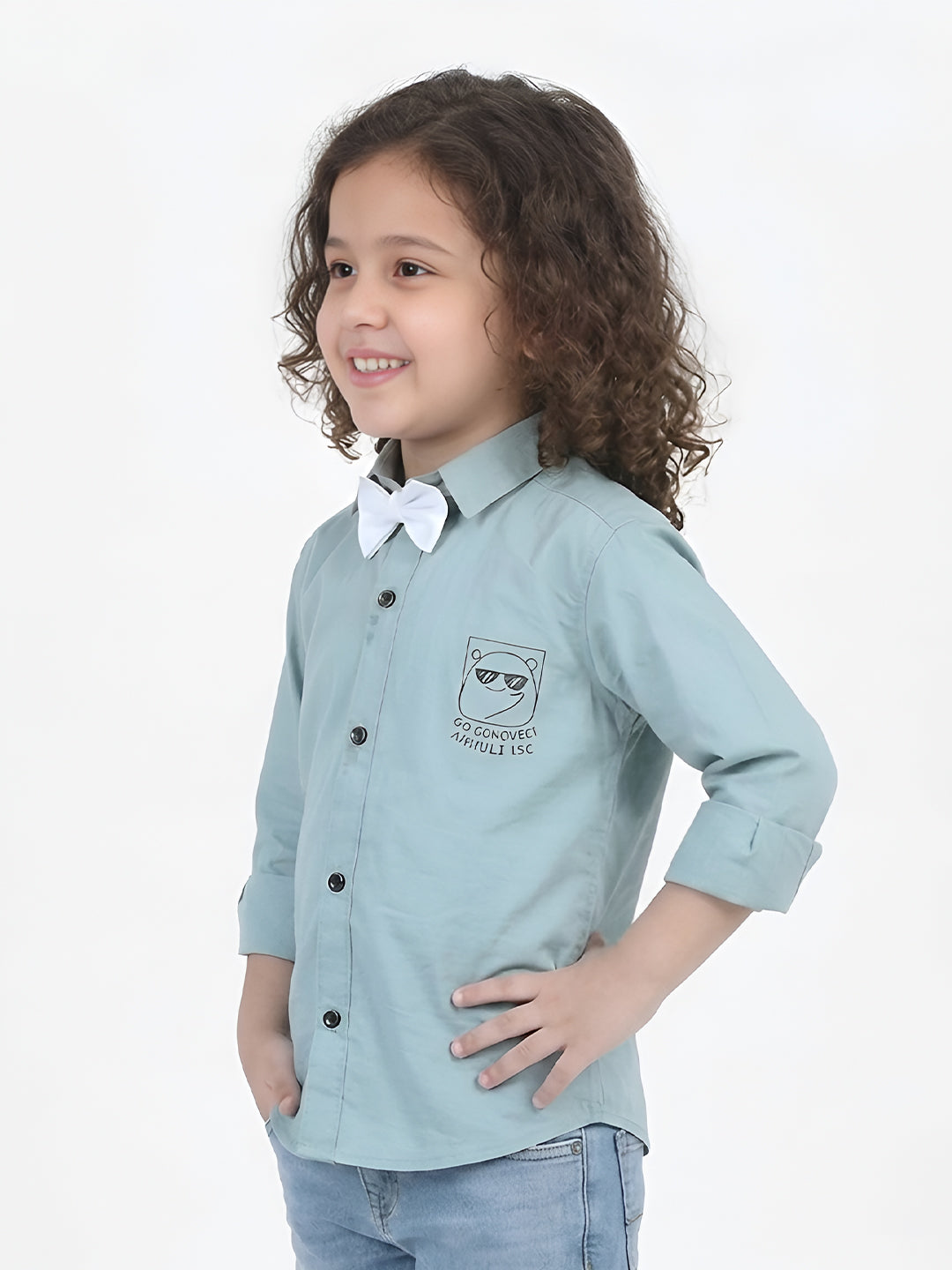 Polka Tots Full sleeve Ice Bear will Protect you print shirt with White Bow - Aqua Blue