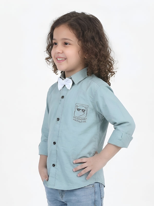 Polka Tots Full sleeve Ice Bear will Protect you print shirt with White Bow - Aqua Blue