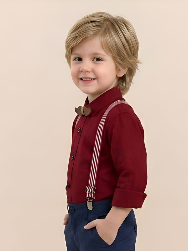 Polka Tots plain party shirt with wood bow tie and stripe suspender - Red
