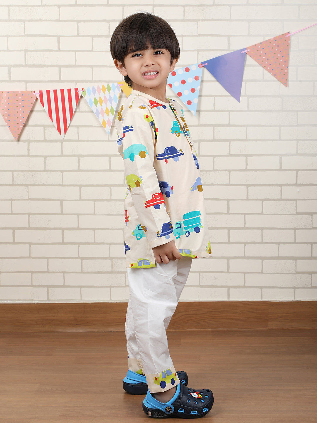 Polka Tots Vehicles print Full sleeves Nightwear Kurta pyjama set - Yellow