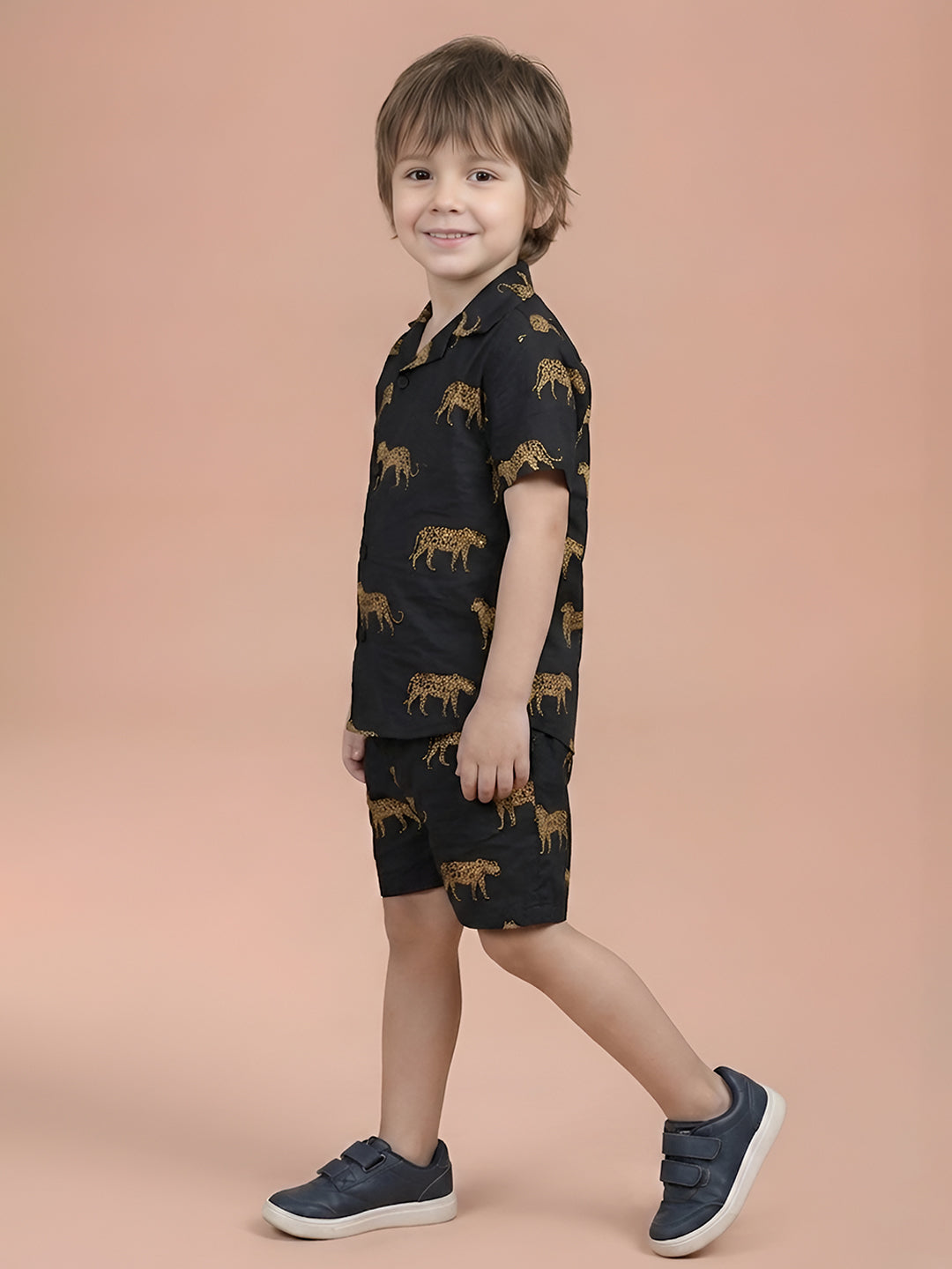 Polka Tots Half Sleeves Leopard print Co-ord Shorts - Black
