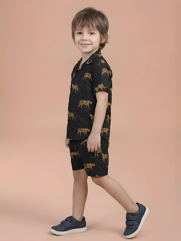 Polka Tots Half Sleeves Leopard print Co-ord Shorts - Black