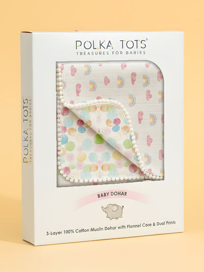 Polka Tots 100% Soft Muslin Cotton 3-Layer Reversible Baby Blanket/Dohar with Pom-Pom Lace - Rainbow Mist & Polka Dots Print