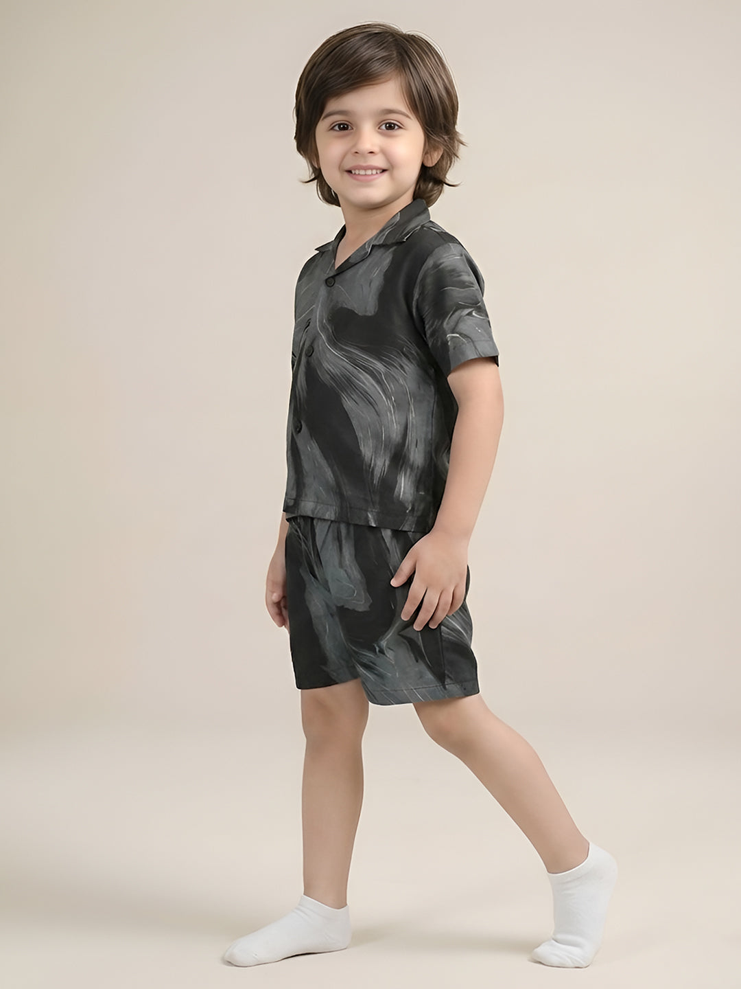 Polka Tots Half Sleeves Brush print Co-ords - Black