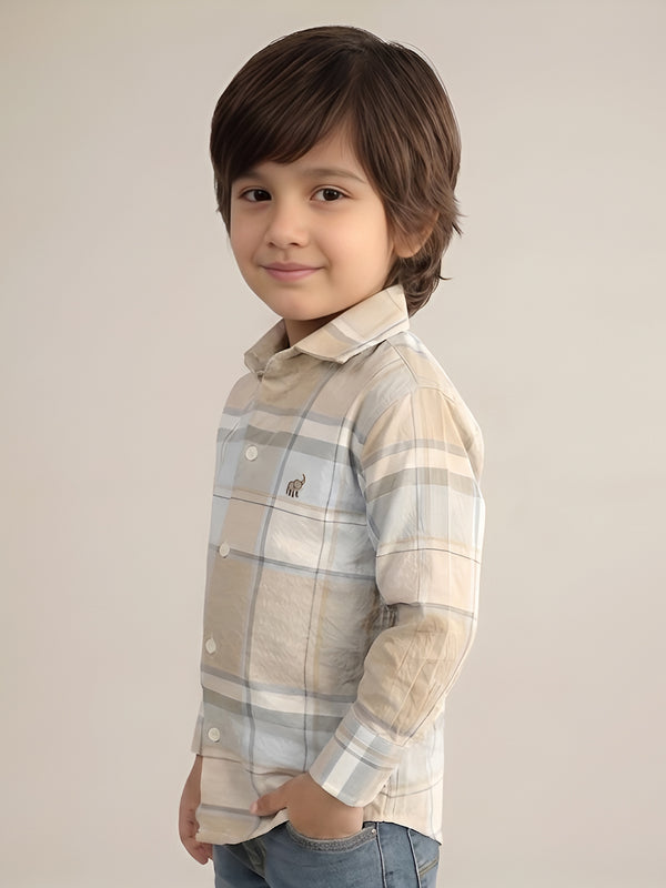 Polka Tots Full Sleeves Checks print Shirt - Beige