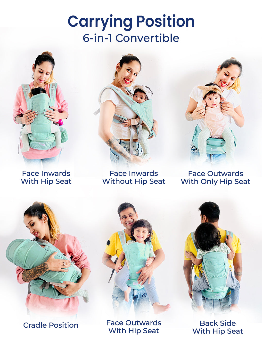 6-in-1 convertible baby carrier with multiple carrying positions on a white background