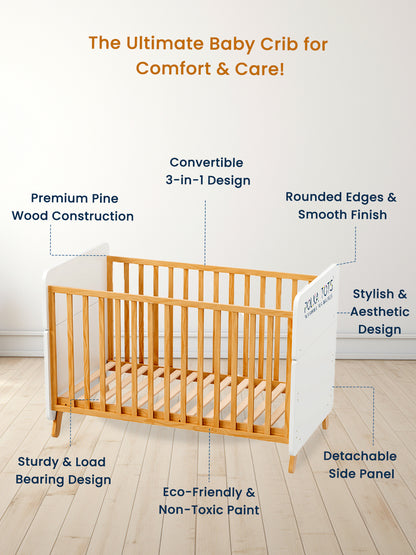 Wooden baby crib with features highlighted on a white background