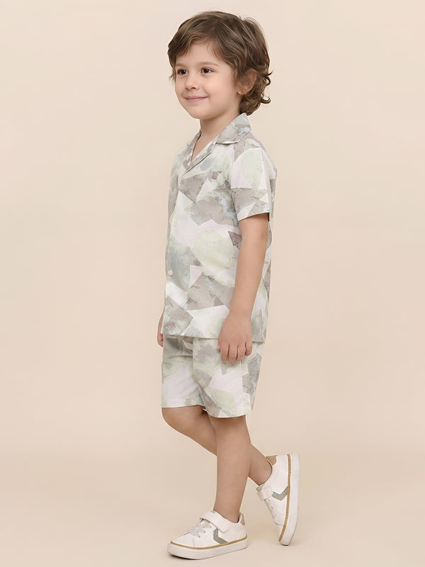 Polka Tots Cotton Half Sleeves Shirt With Shorts/Co-ord - White