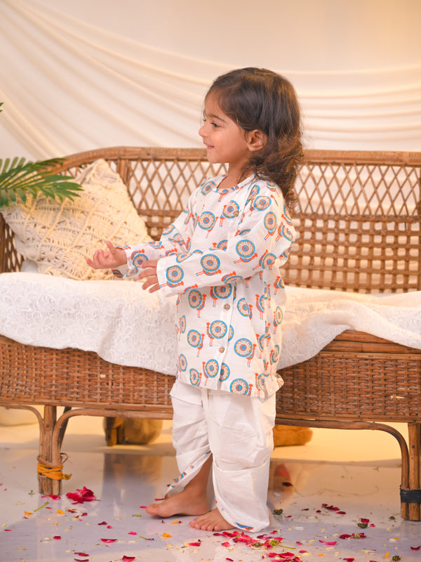 Polka Tots  Peacock Print Angrakha Top With Dhoti - Multicolour