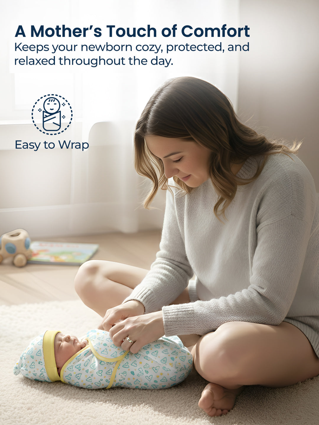 Woman wrapping a baby in a cozy wrap with text about comfort and ease of use.