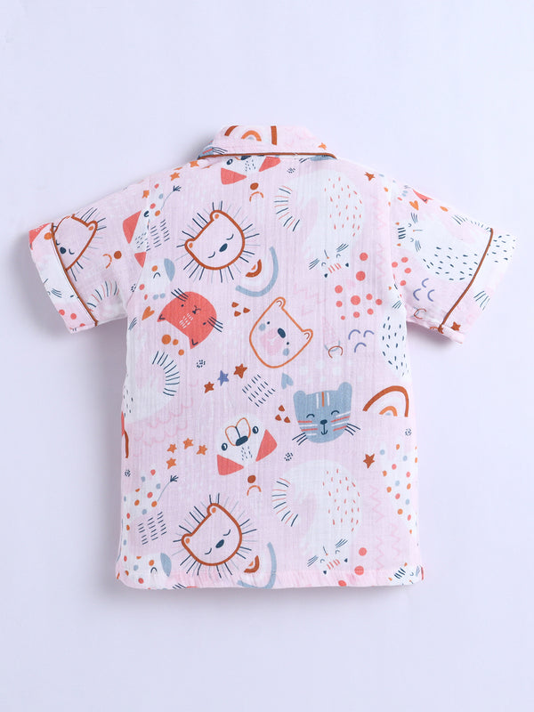 Polka Tots Half Sleeve Muslin print Night Suit- Pink