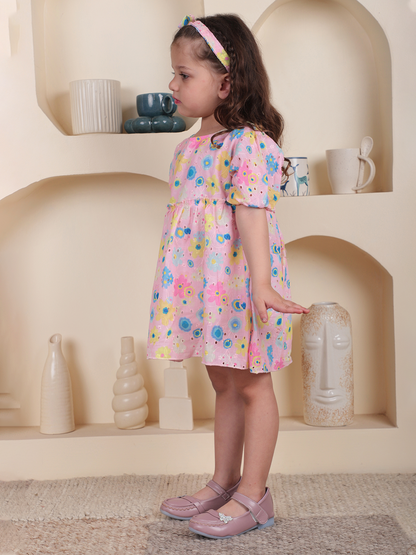 Polka Tots Half sleeve Floral print Frock with Headband - Pink