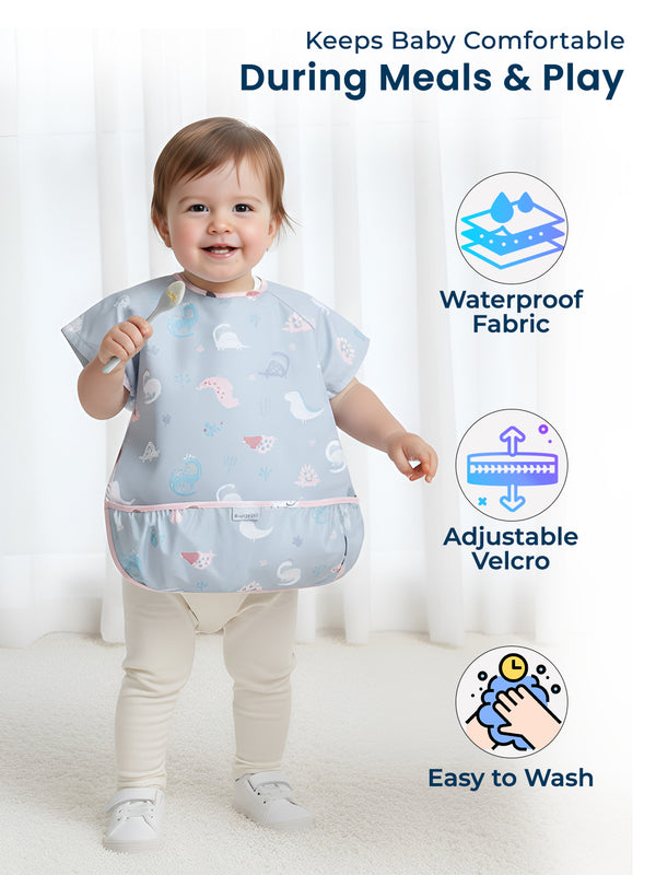 POLKA TOTS Half Sleeve Baby Bibs for Toddlers Feeding Apron with Pocket Washable/Reusable Baby Drooling Apron (Dino Design)