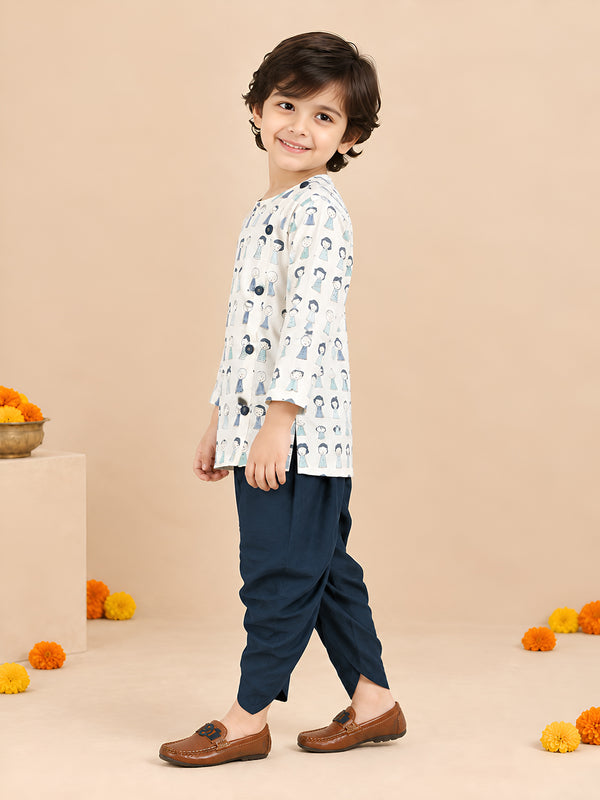 Polka Tots Cotton Full Sleeve Cartoon Print Angrakha Top With Dhoti - Navy