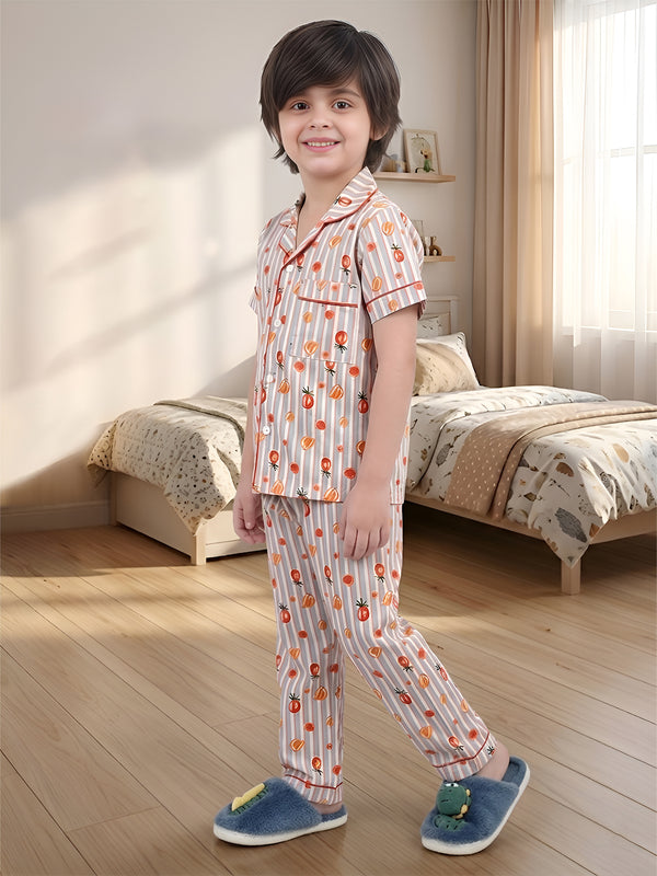 Polka Tots Half sleeves Stripes Fruit print Night Suit - Multicolor
