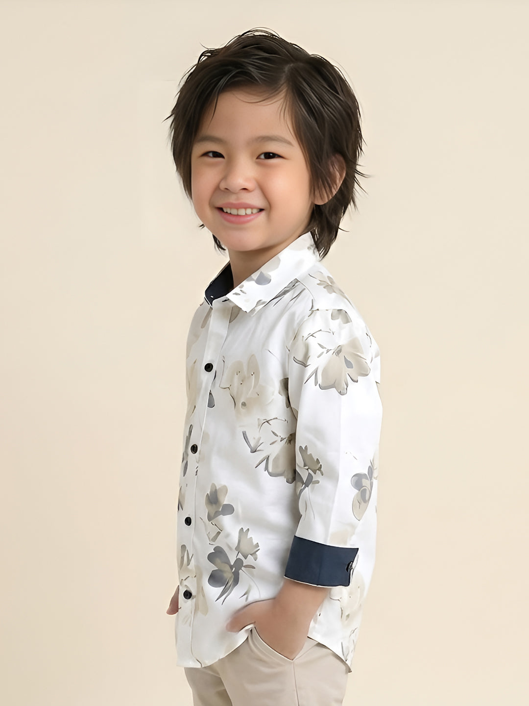 Polka Tots Full Sleeve Shirt yellow Blue Floral Print - White