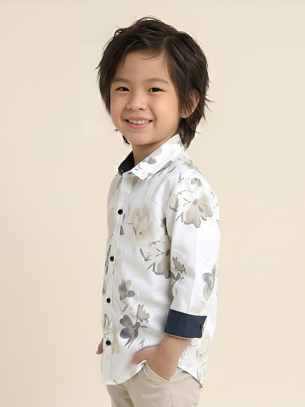 Polka Tots Full Sleeve Shirt yellow Blue Floral Print - White