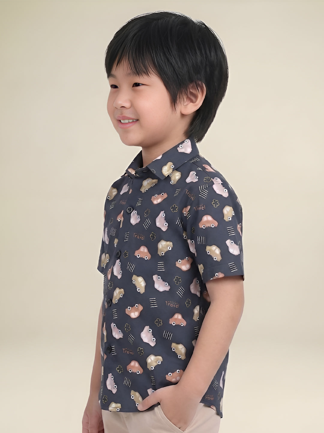 Polka Tots Half Sleeves Lets Go Travel print Shirt - Navy