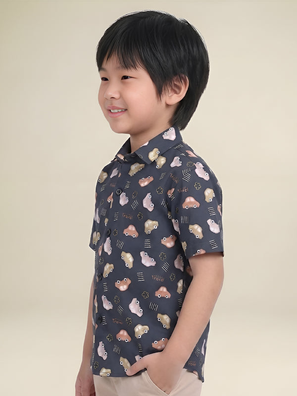 Polka Tots Half Sleeves Lets Go Travel print Shirt - Navy