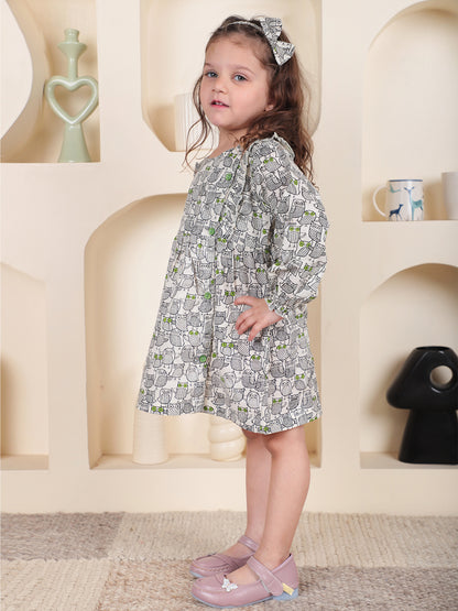 Polka Tots Full sleeve Owl print Frock with Headband - Black