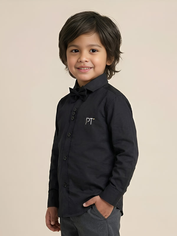 Polka Tots Full Sleeve Party Wear Reverse Collar Placket With Bow Tie Shirt - Black