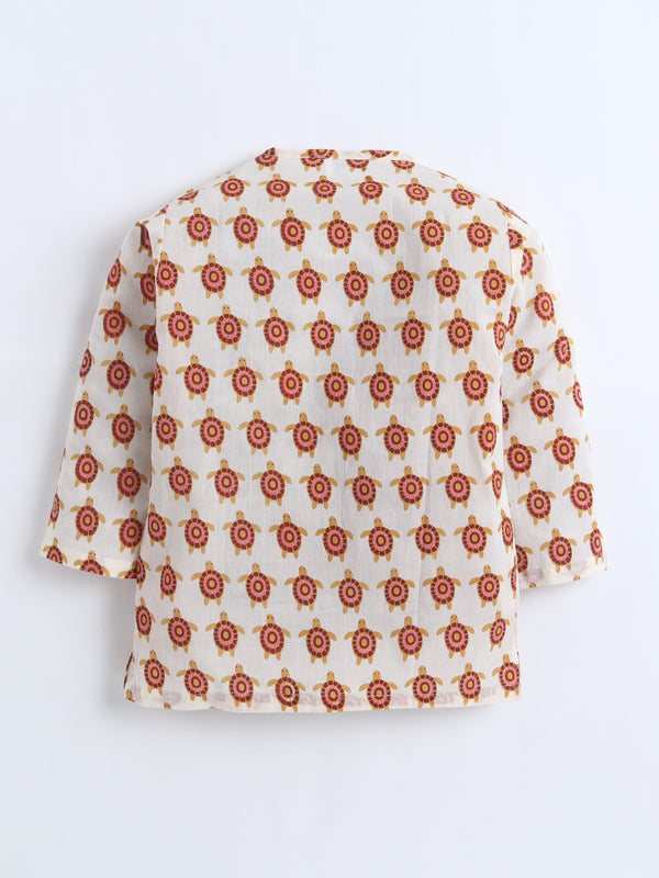 Polka Tots Turtle Print Angrakha Top With Dhoti - Multicolour