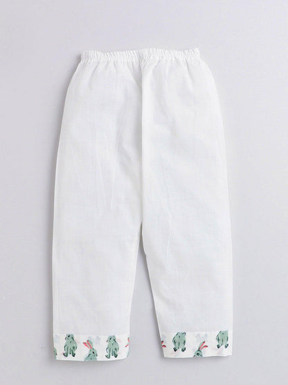 Polka Tots Rabbit print Full sleeves Nightwear Kurta pyjama set - White