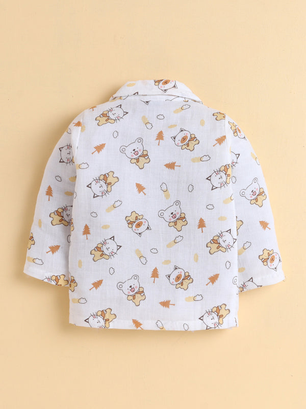 MulMul Sparsh Full Sleeve Animal Characters Print Muslin Jabla & Pant Set - White