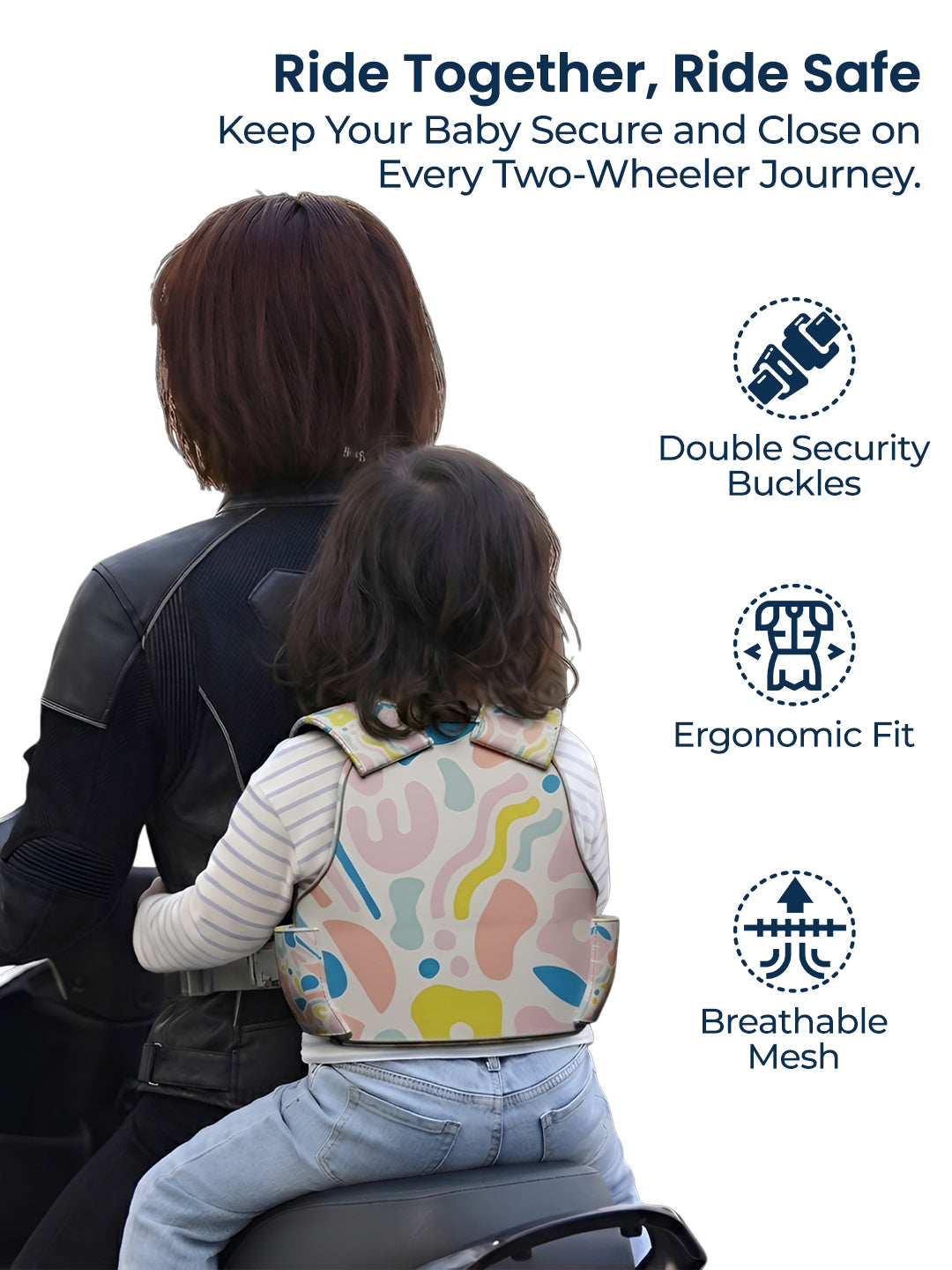 Child wearing a colorful backpack on a two-wheeler with text about safety and features.