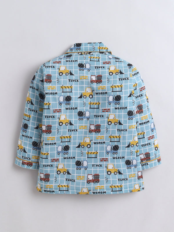 Polka Tots Full Sleeve Truck Print Night Suit- Blue