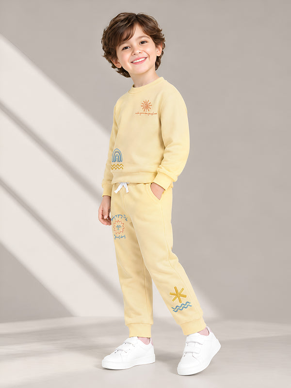 Polka Tots Full Sleeve Sunshine & Rainbow Embroidered Co-ord Jogger Set – Cream
