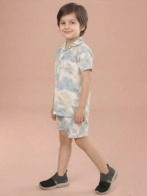 Polka Tots Cotton Half Sleeves Shirt With Shorts/Co-ord - White