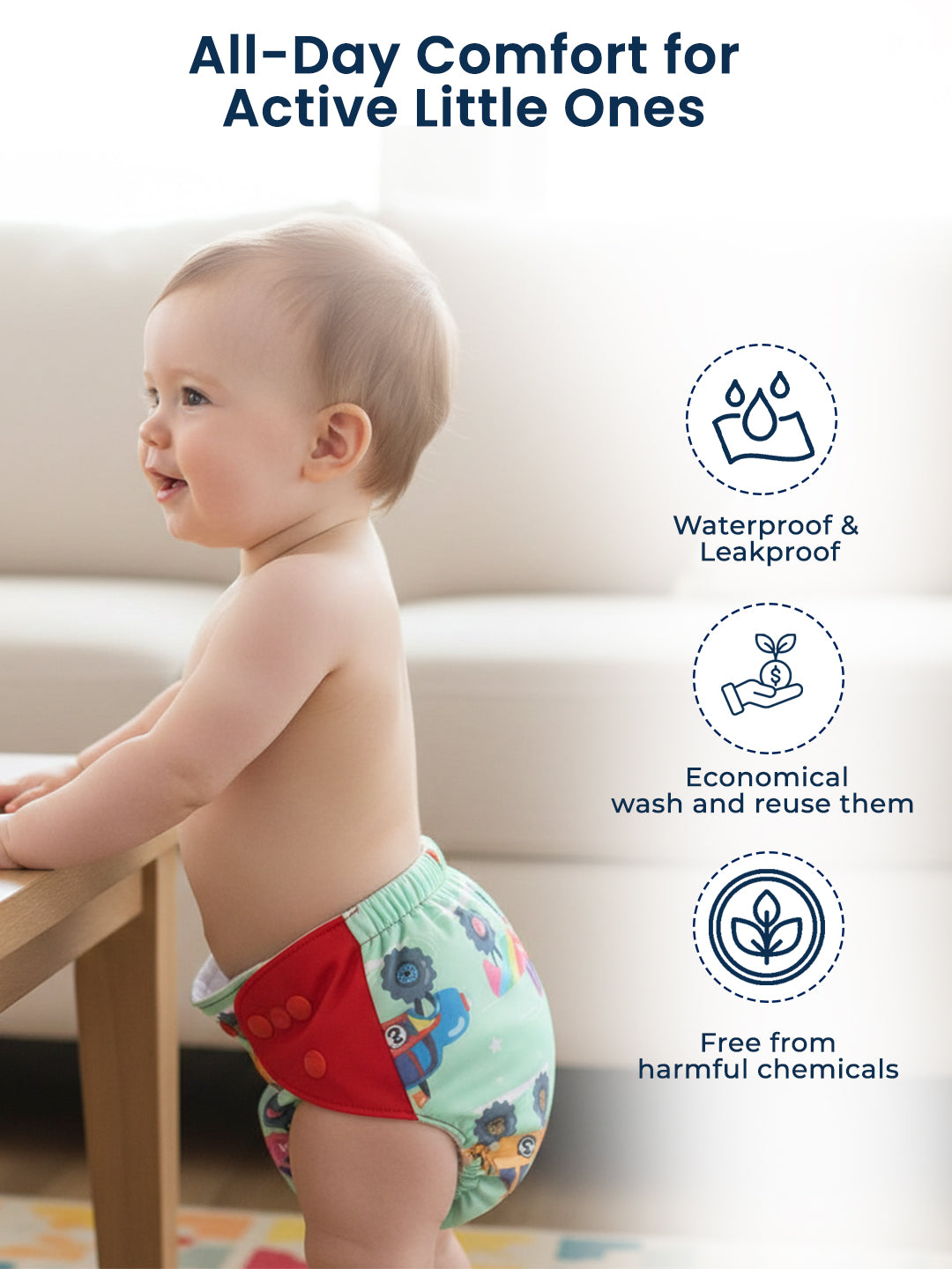 Baby wearing a colorful diaper with text about product features on a white background