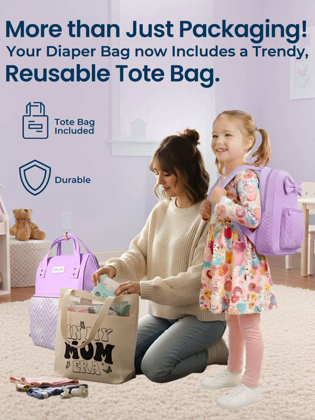 Woman and child with reusable tote bag and purple backpack in a home setting