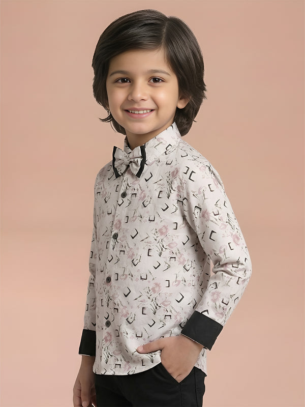 Polka Tots Cotton Full Sleeves Party Wear Shirt With Dual Bow Tie All Over Print - Beige