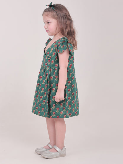 Polka Tots Half sleeve Floral print Frock with Headband - Dark Green