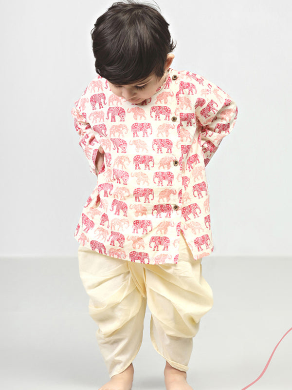 Polka Tots Dhoti Kurta Set for Boys 100% Super Soft Cotton Traditional Ethnic Wear For Kids Red Elephant - Cream