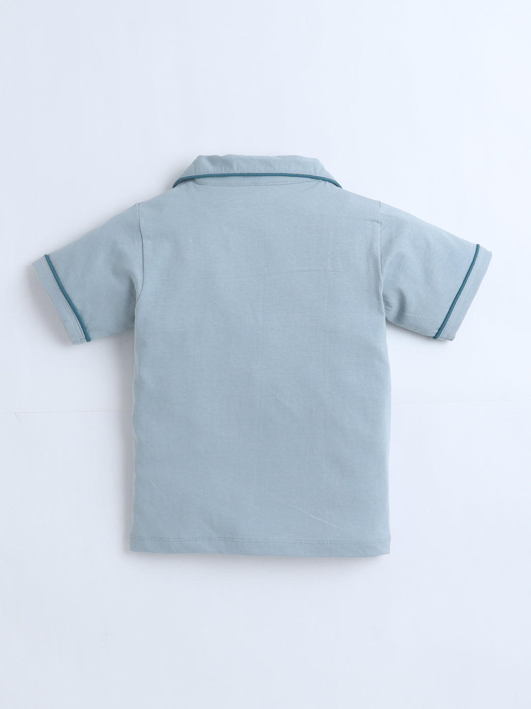 Light blue polo shirt with dark blue trim on a white background