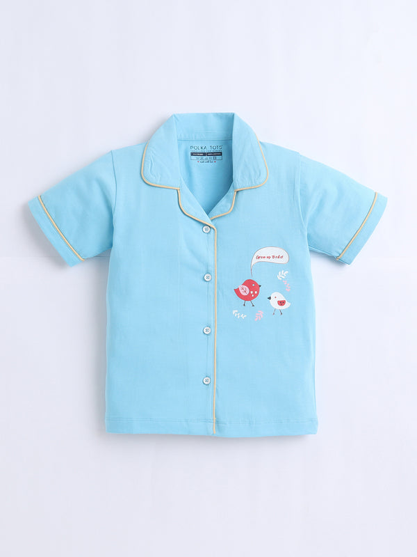 Polka Tots Half sleeves Little Birdy Print Night Suit - Blue