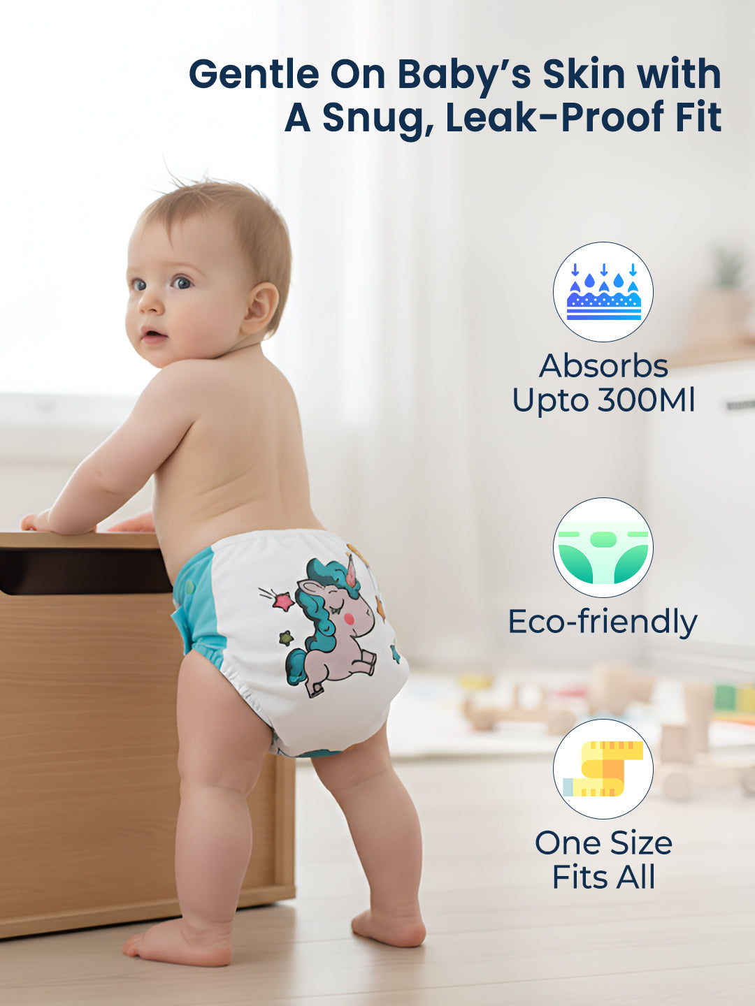 Baby wearing a diaper with product features highlighted on a white background