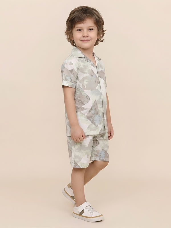 Polka Tots Cotton Half Sleeves Shirt With Shorts/Co-ord - White