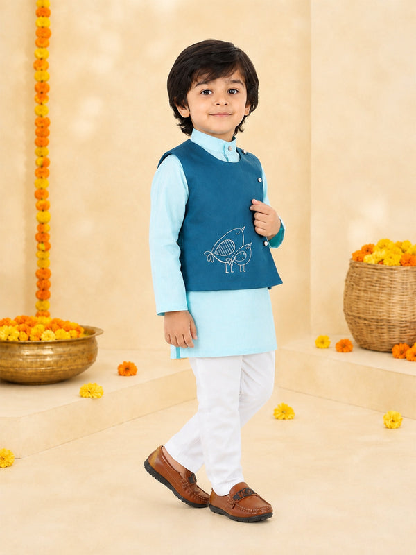 Polka Tots Full sleeves Birds Embroidery Koti Kurta Pyjama - Blue