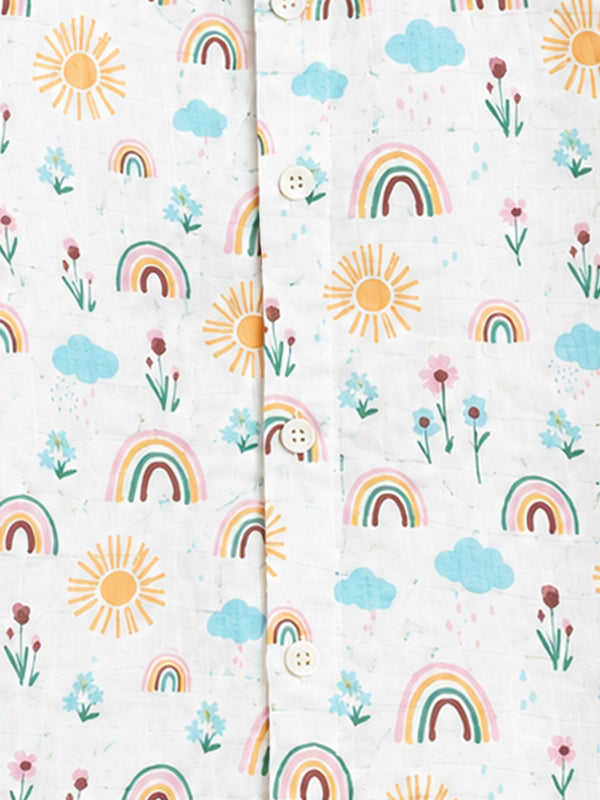 MulMul Sparsh Full Sleeve Rainbow Print Muslin Jabla & Pant Set – White