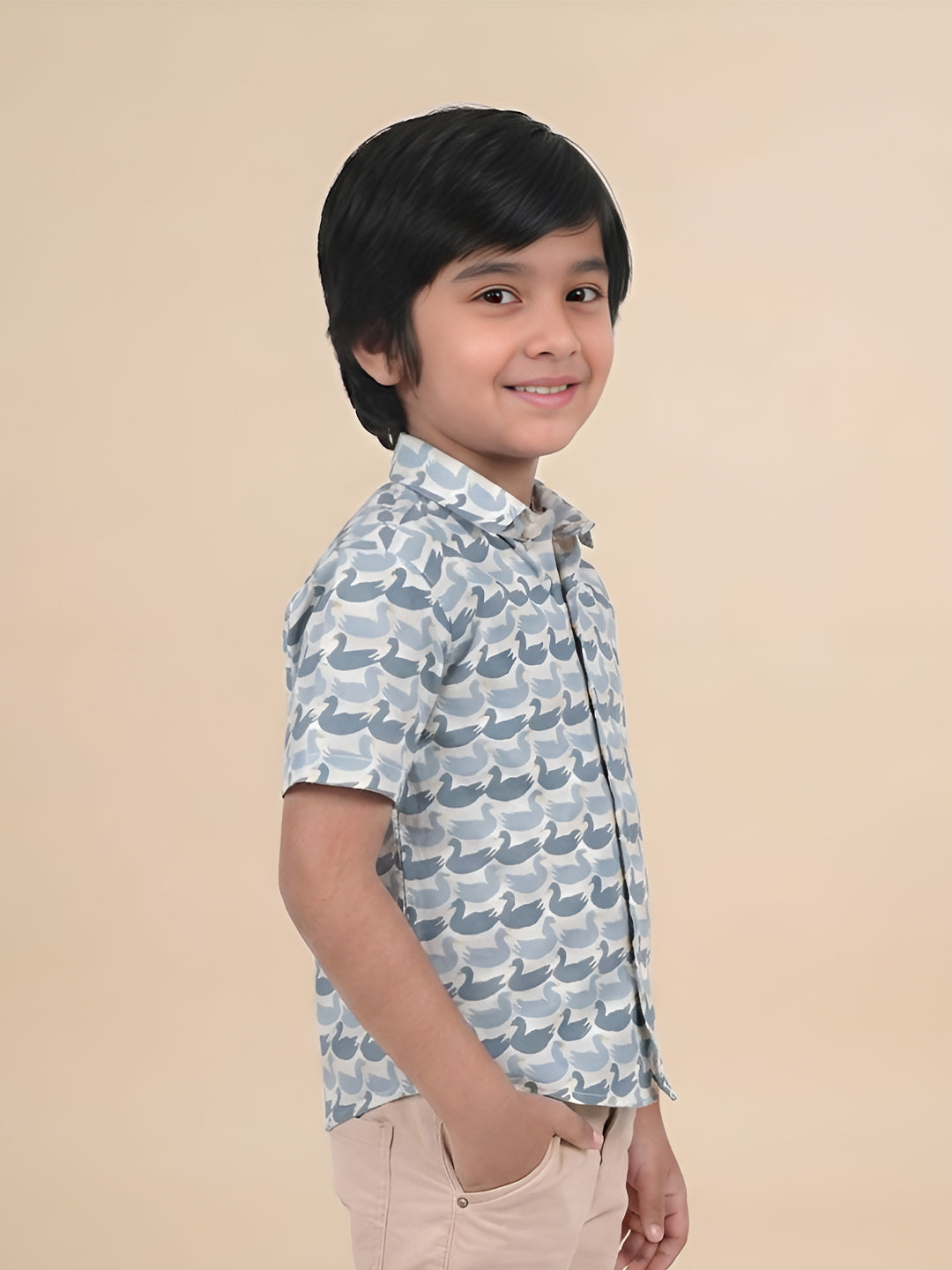 Polka Tots Half Sleeves Swan print Shirt - Blue