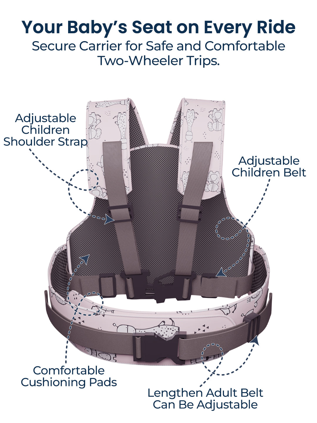Baby seat carrier for two-wheeler trips with features highlighted