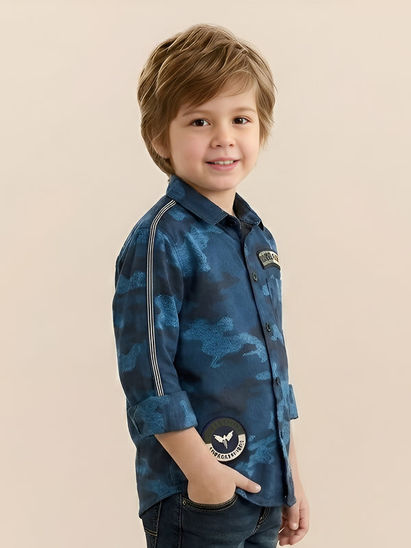 Polka Tots full sleeves shirt military print camouflage  patch  - Blue