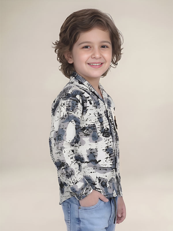 Polka Tots Full Sleeves Abstract Scribble Print Hooded Kids Shirt with Smiley Patch - Blue